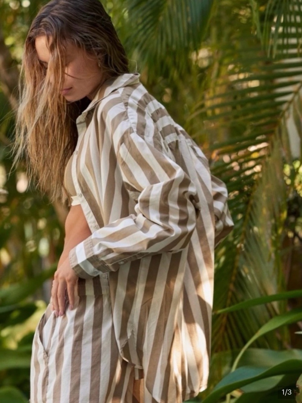 Aerie Cotton Striped Tunic Shirt Set - Beige & White